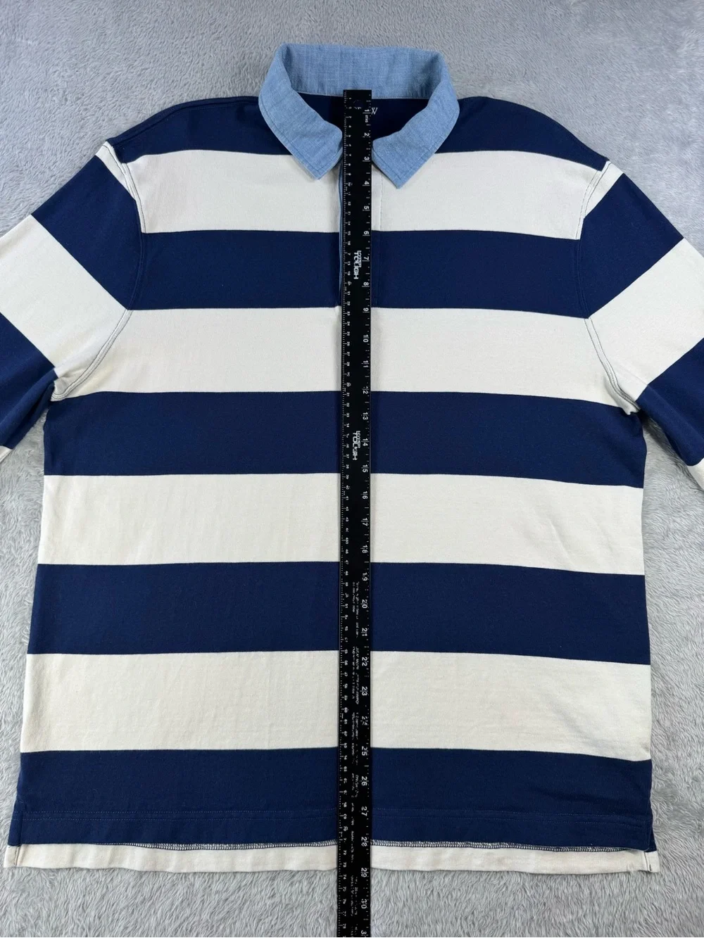 J.Crew Factory Mens L Rugby Shirt Navy Ivory Stripe Chambray Collar Preppy